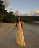 Simple A line Halter Drop Waist Prom Dresses Women Yellow Chiffon Sleeveless Vacation Wedding Guest Gown HZ0311