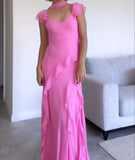 Beautiful Pink V Neck Chiffon Ruffle Mermaid Long Prom Dress Party Gown With Ribbon Wedding Guest Gown HZ0311