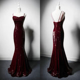 Shinning Mermaid Spaghetti Straps Burgundy Sequins For Women Party Dresses Long Formal Prom Dress 22th Birthday Gown HZ0311