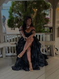 Sexy Ball Gown Off The Shoulder Lace Slit For Black People Girls Prom Dresses Sequin Long Formal Evening Party Gowns HZ0311
