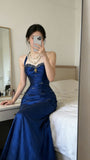Vintage Halter Sheath Long Prom Dresses Beaded Satin Blue Evening Dresses Sleeveless Birthday Dresses HZ0311
