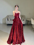 Shinning A line Sweetheart Red Sequins For Women Party Dresses Long Formal Prom Dress 22th Birthday Gown HZ0311