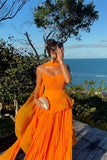 Charming Orange Strapless Sleeveless Chiffon Prom Dress A-Line With Zipper Pleats HZ0311