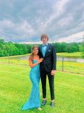 Classy Mermaid Spaghetti Straps Blue Sequin Inspo For Women Girls Formal Party Gowns Long Prom Dresses HZ0311