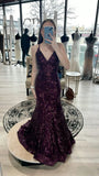 Shinning Mermaid Halter Grape Sequins For Women Party Dresses Long Formal Prom Dress 22th Birthday Gown HZ0311