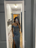 Sparkly Mermaid Off The Shoulder Marine Ball Dresses Floor Length Formal Gowns Silver Gray With Slit Prom Dresses Evening Dress HZ0311