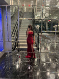 Sexy Mermaid Off The Shoulder Satin Burgundy Slit Prom Dresses With Ruffles Party Dress Evening Dresses HZ0311