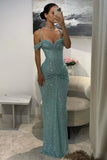 Blue Sequins Party Dress Off the Shoulder Sleeveless Prom Dress Evening Dress HZ0311