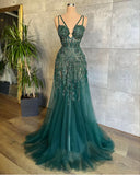 Modest Mermaid Spaghetti Strap Emerald Green Tulle Prom Dresses Long Sweet 16 Birthday Party Dress Evening Dresses HZ0311