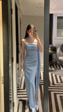 Charming Sheath Strapless Light Sky Blue Slit Long Prom Dresses Evening Outfits Formal Dress HZ0311