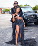 Glitter Mermaid One Shoulder Black Prom Dresses for Black Women Sequin Slit Evening Party Gown Formal Gown 18th Birthday Gowns HZ0311