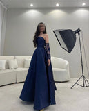 Chic A line Strapless Navy Blue Satin With Pleated Gloves Sleeveless Long Party Women Prom Dresses HZ0311