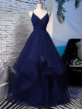 Shiny V Neck Navy Blue Long Ball Gown Prom Dress Sleeveless Fluffy Formal Evening Dresses HZ0311