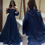 Modest Navy Blue Organza A-line Evening Prom Dresses Long Formal Party Gowns HZ0311