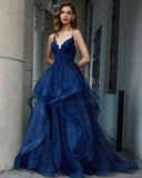 Modest Ball Gown Spaghetti Strap Navy Blue Lace Tulle Prom Dresses Long Sweet 16 Birthday Party Dress Evening Dresses HZ0311
