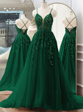 Modest Ball Gown Spaghetti Strap Emerald Green Lace Tulle Prom Dresses Long Sweet 16 Birthday Party Dress Evening Dresses HZ0311