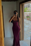 Elegant Mermaid Spaghetti Straps Burgundy Deep Red Satin Long Prom Dresses Formal Party Gowns Vestidos De Dia HZ0311