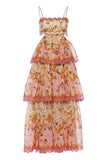 Elegant A Line Spaghetti Straps Floral Print Ruffles Long Prom Dress Party Gowns HZ0311