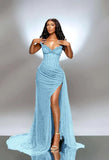 Sexy Senior Prom Dresses High Schools Inspo Mermaid Royal Blue Sweetheart Sequins Slit For Black Girls Semi Formal Grad Long Party Dress HZ0311