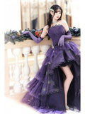 Modest High Low Strapless Purple Satin With Lace Prom Dresses Long Party Dress Grad Formal Evening Dresses HZ0311