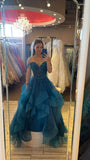 Modest Ball Gown Off The Shoulder Tulle Lace Appliqued Navy Blue Long Prom Dress Evening Formal Gowns HZ0311