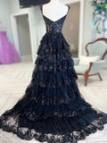 Sparkly Sleeveless Spaghetti Straps Sequins Ball Gown Navy Blue Prom Dresses HZ0311