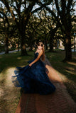 Modest Ball Gown Sweetheart Navy Blue Tulle Long Prom Dress Evening Formal Gowns HZ0311