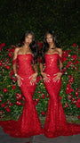 Gorgeous Mermaid Off The Shoulder Red Sequins Beaded Bodice Prom Dresses Long Formal Party Gown HZ0311