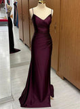 Purple Mermaid Satin Spaghetti Straps Pleats Prom Dress For Women HZ0311