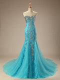 Modest Mermaid Sweetheart Blue Tulle With Silver Beads Evening For Women Party Dress Long Formal Prom Dresses 22th Birthday Gown HZ0311