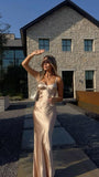 Simple Mermaid Spaghetti Straps Champagne Silky Satin Long Formal Fancy Prom Evening Dress Dinner Outfits Classy Party Gowns HZ0311