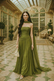 Charming A line Strapless Green Inspiration Sleeveless Long Prom Dresses Wedding Guest Dress Prom Gowns HZ0311