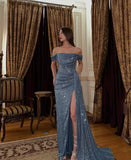 Fancy Mermaid Off The Shoulder Blue Sequin Long Prom Dresses Formal Gown Inspo Evening Outfit HZ0311