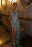 Gorgeous Mermaid Halter Neck Green Long Party Dress With 3D Flowers Evening Gowns HZ0311