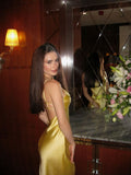 Spaghetti Straps Yellow Satin Mermaid Long Evening Prom Dresses Backless Vacation Wedding Guest Dress HZ0311