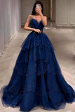 Gorgeous Dusty Blue Sparkly Tulle Beaded Prom Dress Tiered Formal Gown With Rhinestone Party Gowns HZ0311