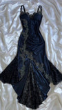 Modest Mermaid Spaghetti Straps Navy Blue Satin Lace For Women Party Dress Long Formal Prom Dresses 22th Birthday Outfits HZ0311