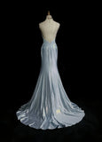 Elegant Blue Spaghetti Strap Prom Gown Pleated Sweetheart Neckline Sexy Backless Fishtail Celebrity Banquet Evening Dress HZ0311