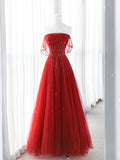Unique A Line Strapless Red Tulle With Beads Prom Dresses Long Party Dress 22th Birthday Outfits Graduation Dress HZ0311