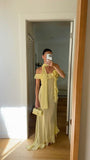 Simple A line Off The Shoulder With Scarf Prom Dresses Women Yellow Chiffon Sleeveless Vacation Wedding Guest Gown HZ0311