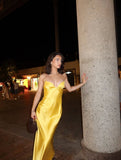 Spaghetti Straps Yellow Satin Mermaid Long Evening Prom Dresses Backless Vacation Wedding Guest Dress HZ0311