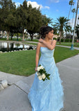 Elegant Ball Gown Spaghetti Strap Blue Ruffles Long Evening Dresses Semi Prom Formal Gown HZ0311