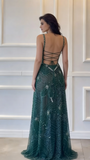 Modest A line Square Neck Dark Green Sequins Slit Long Prom Dresses Senior Graduation Dance Evening Outfits HZ0311