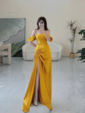 Beautiful Sheath Off The Shoulder Yellow Slit Satin Maxi Long Party Prom Dresses Evening Dress HZ0311