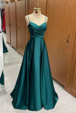 Classy Slim Long Green Satin A line Prom Dress With Straps HZ0311