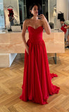 Simple A line Sweetheart Red Sleeveless Chiffon Simple Evening Formal Prom Dresses HZ0311