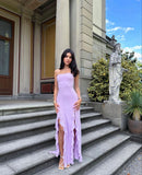 Princess Mermaid Strapless Lilac Chiffon Prom Dress With Layers Slit Prom Gown HZ0311