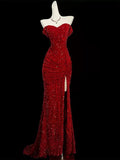 Classy Mermaid Sweetheart Red Slit Sequins Long Evening Gowns Prom Dresses HZ0311