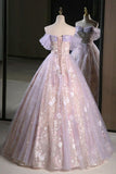Modest Lilac Off The Shoulder Tulle A Line Prom Dress With Appliques HZ0311