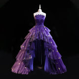 Modest High Low Strapless Purple Satin With Lace Prom Dresses Long Party Dress Grad Formal Evening Dresses HZ0311